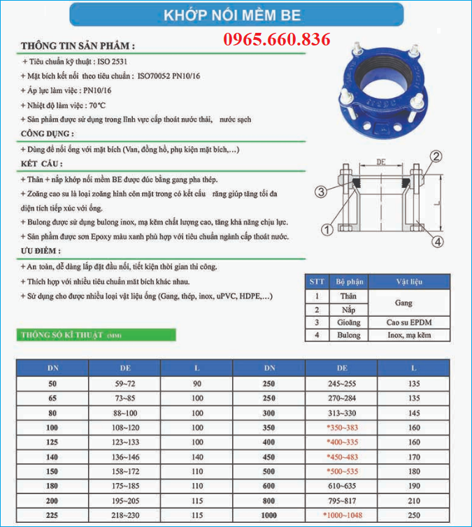 thông số khớp nối mềm be