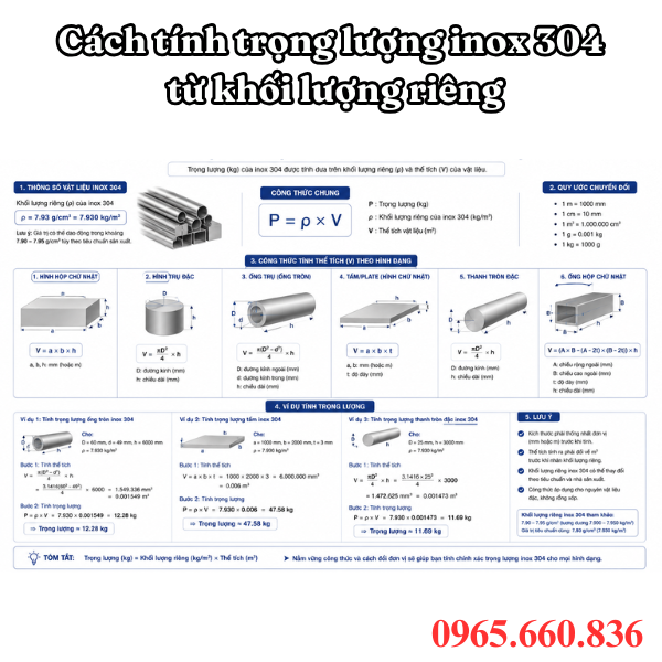 Cách tính trọng lượng inox 304 từ khối lượng riêng