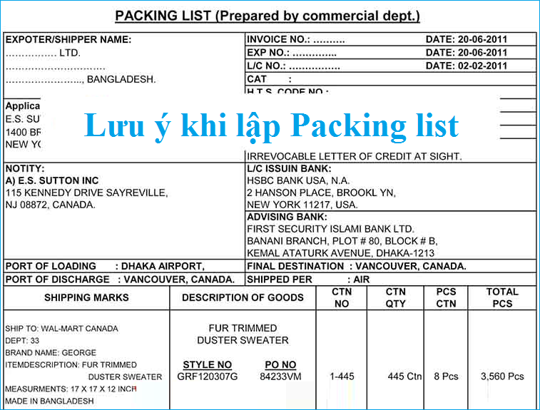 Khi lập packing list lưu ý những gì.