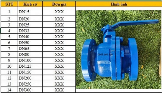 Bảng giá van bi gang.