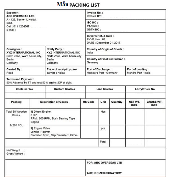 Mẫu packing list van bướm chuẩn.