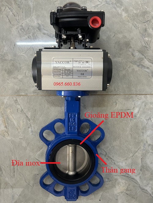 Van bướm thân gang cánh inox điều khiển khí nén.