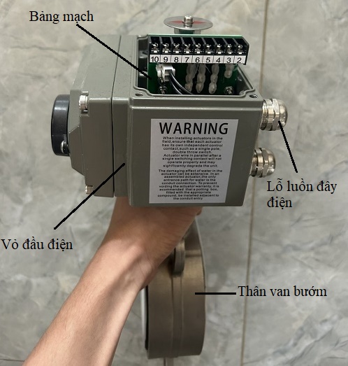 Cấu tạo van bướm điện thường đóng.