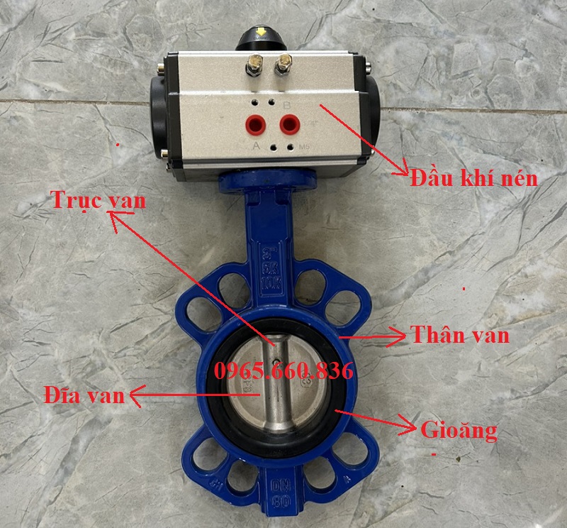 cấu tạo van bướm điều khiển khí nén tai bích