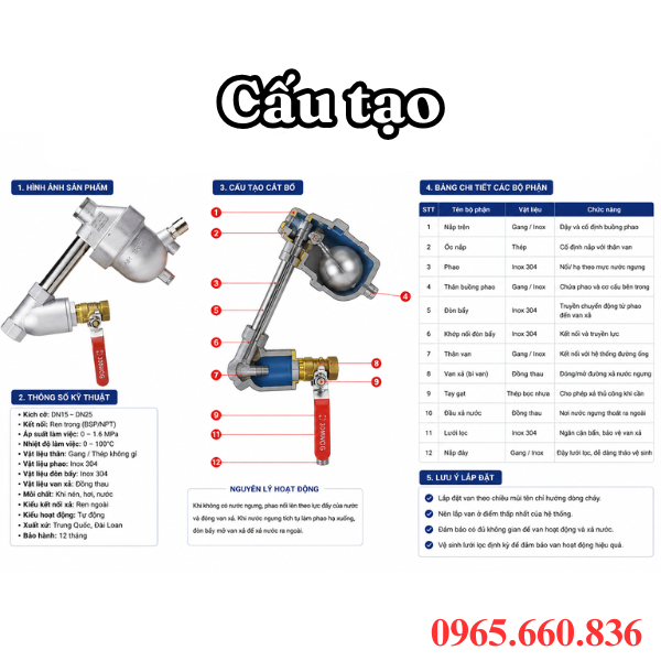 Cấu tạo van xả nước tự động SA6D