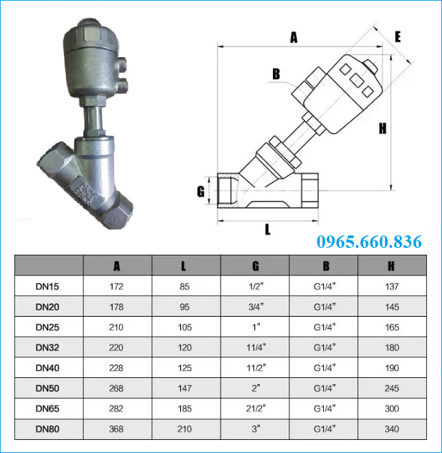 thông số kỹ thuật van y xiên điều khiển khí nén trung quốc