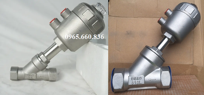 van y xiên điều khiển khí nén ren toàn thân inox