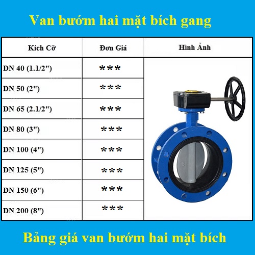 Bảng giá van bướm hai mặt bích